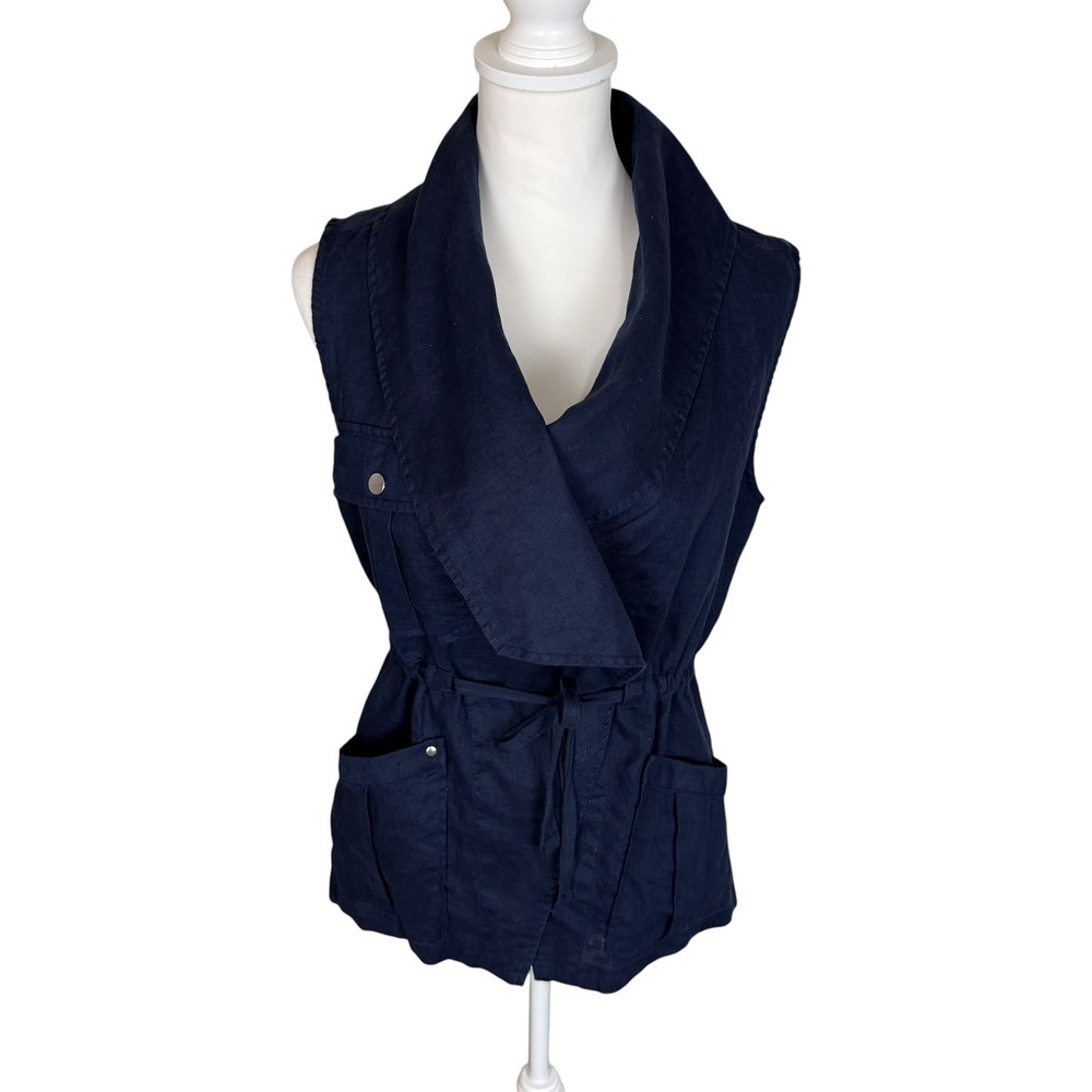 For Cynthia Women‎ Navy Blue 100% Linen Shawl Collar Drawstring Utility Vest M